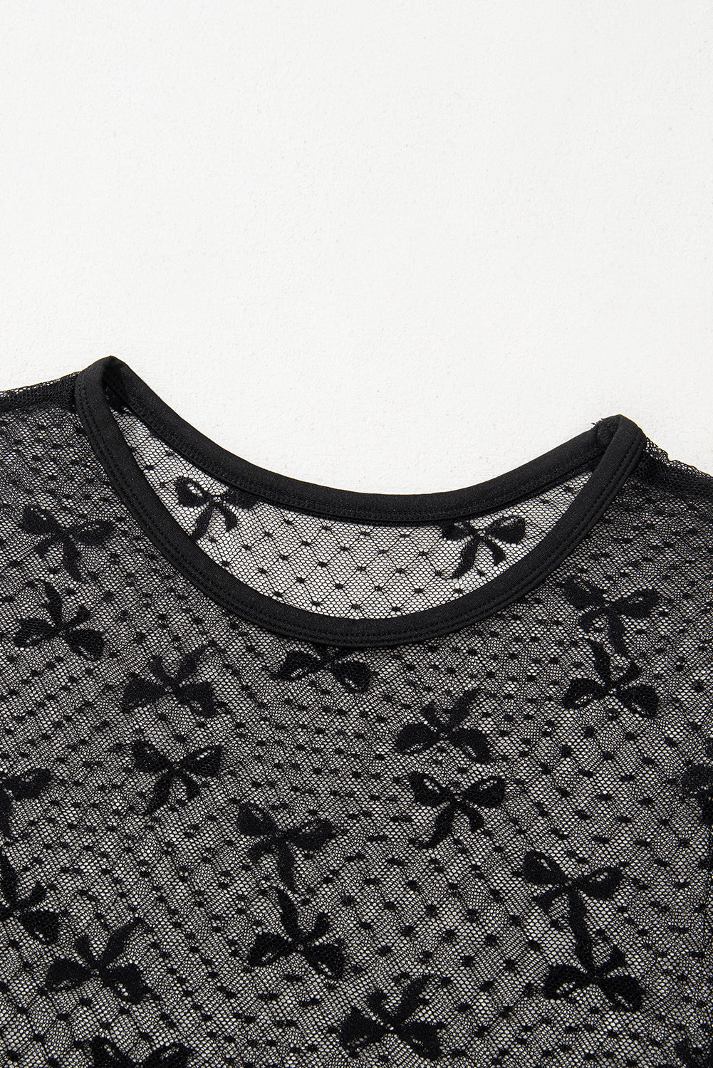 Black Bow Knot Dotted See-through Mesh Patched Slim Fit Blouse