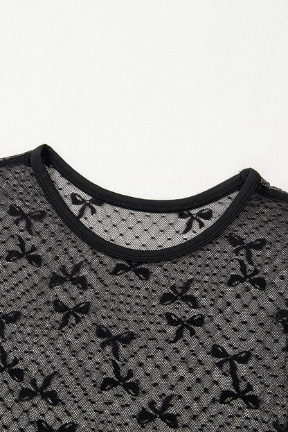 Black Bow Knot Dotted See-through Mesh Patched Slim Fit Blouse