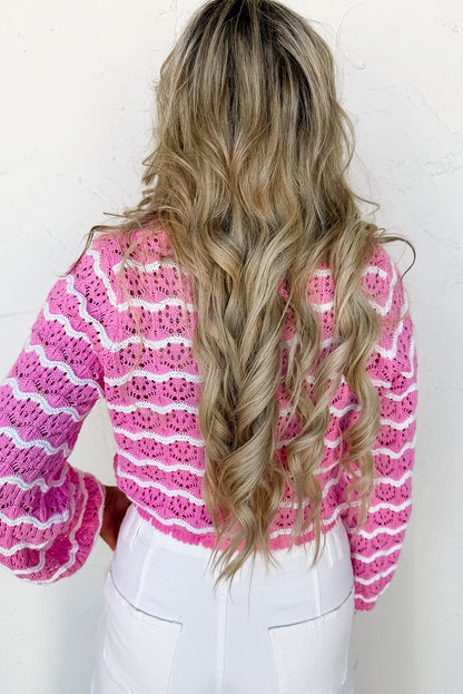 Pink Stripe Crochet Scalloped Trim Lace-up Front Cropped Cardigan