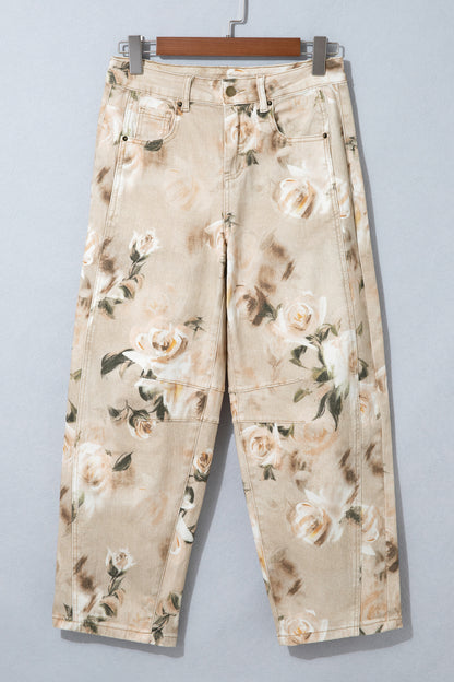 Khaki Retro Floral Print Relaxed Barrel Jeans