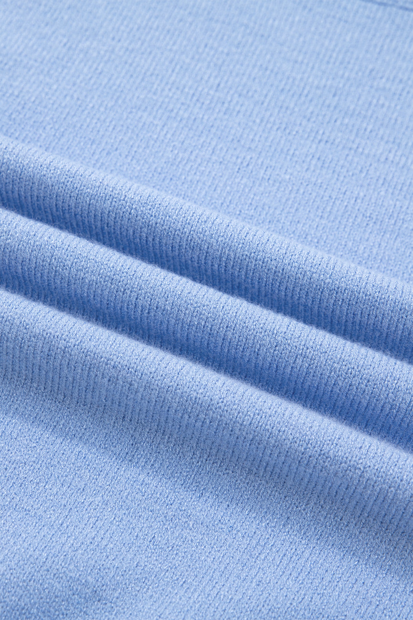 Beau Blue Solid Color Ribbed Trim Round Neck Ruffle Short Sleeve Sweater