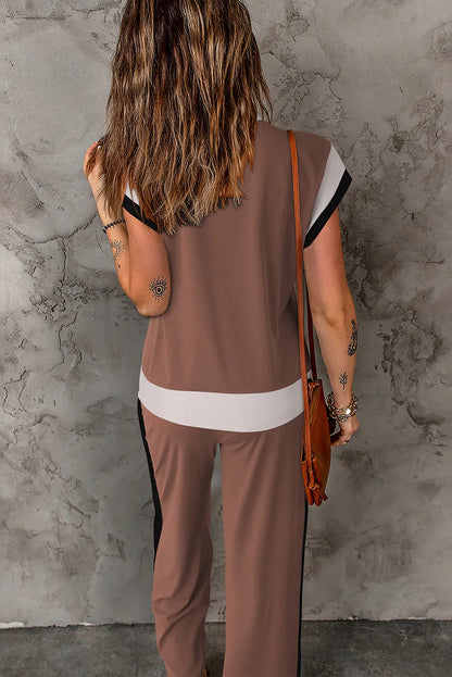 Chestnut Color Block Detail Casual Two-piece Outfit - Chic Meadow Boutique 