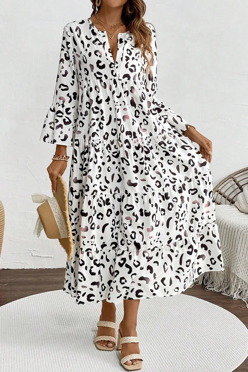 White Leopard Print Notch V Neck Loose Fit Maxi Dress - Chic Meadow Boutique 