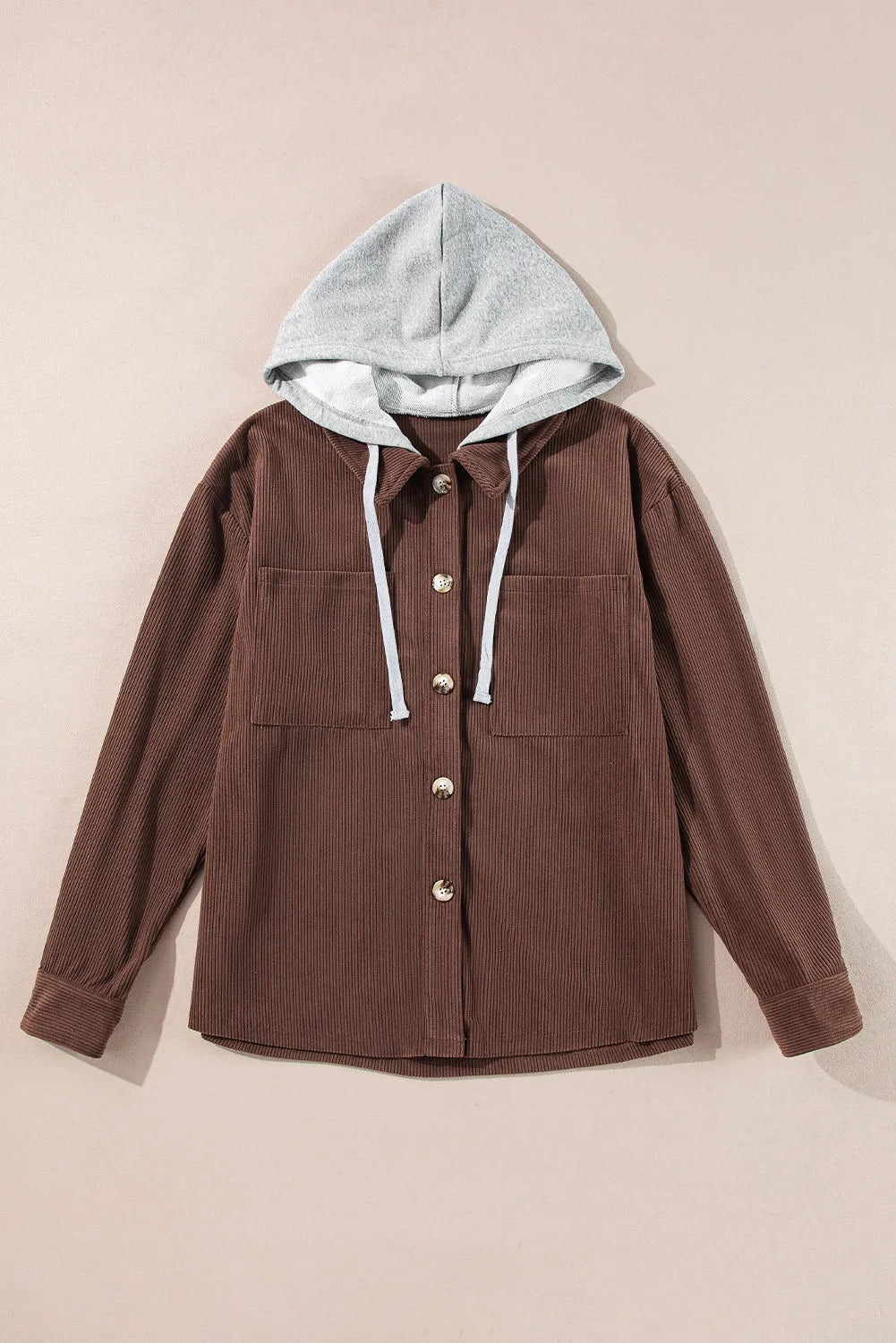 Coffee Hooded Drawstring Pockets Corduroy Shacket - Chic Meadow Boutique 