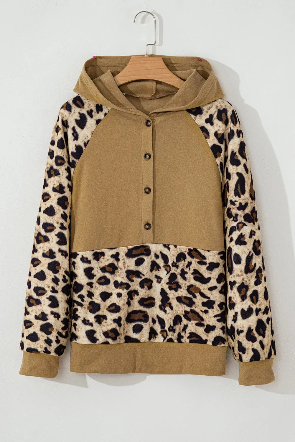 Tops/Sweatshirts & Hoodies Light French Beige Leopard Print Patchwork Raglan Sleeve Half Buttons Hoodie