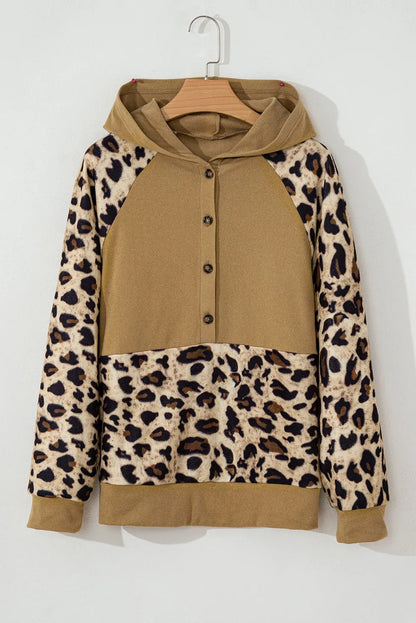 Light French Beige Leopard Print Patchwork Raglan Sleeve Half Buttons Hoodie - Chic Meadow Boutique 