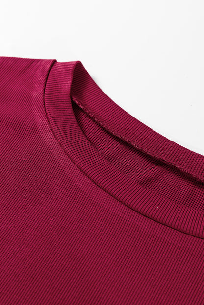 Wild Ginger Contrast Floral Sleeve Solid Ribbed Body Patchwork Long Sleeve Top