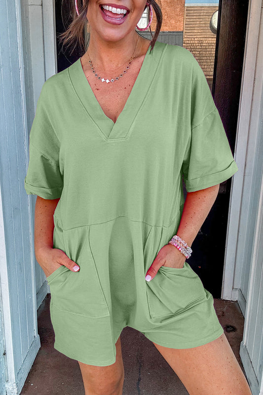 Grass Green Loose Half Sleeve V Neck Knit Romper