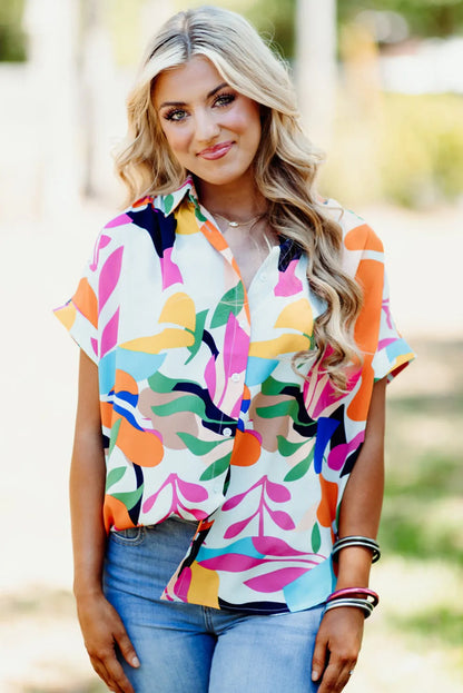 Multicolour Abstract Leafy Print Short Sleeve Shirt - Chic Meadow Boutique 