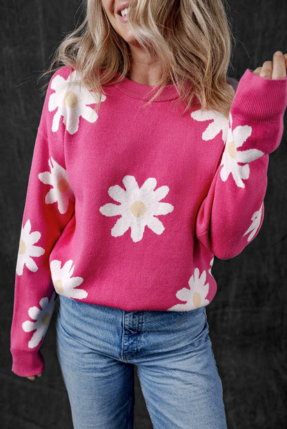 Bright Pink Daisy Flower Crew Neck Long Sleeve Sweater - Chic Meadow Boutique 