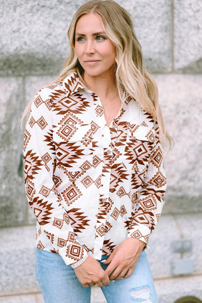 White Western Aztec Pattern Button Flap Pocket Shirt - Chic Meadow Boutique 