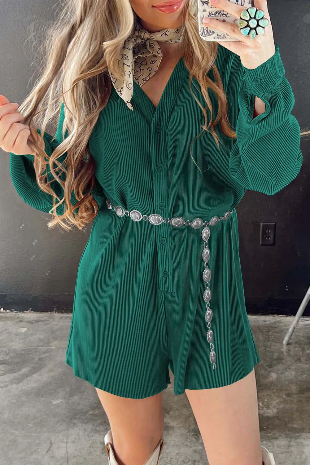 Sea Green Ribbed Long Sleeve Button Front Romper - Chic Meadow Boutique 