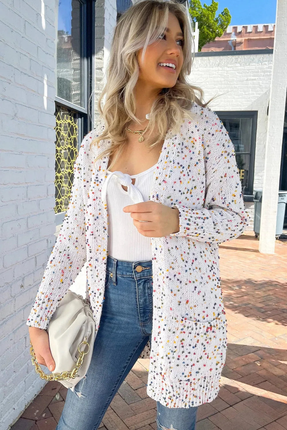 White Multicolor Dotted Rib Knit Long Sleeve Cardigan - Chic Meadow Boutique 