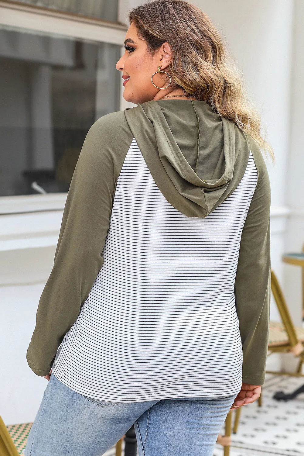 Green Striped Raglan Sleeve Buttoned Pocket Plus Size Hoodie - Chic Meadow Boutique 