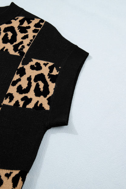 Black Leopard Checkerboard Short Sleeve Knit Sweater