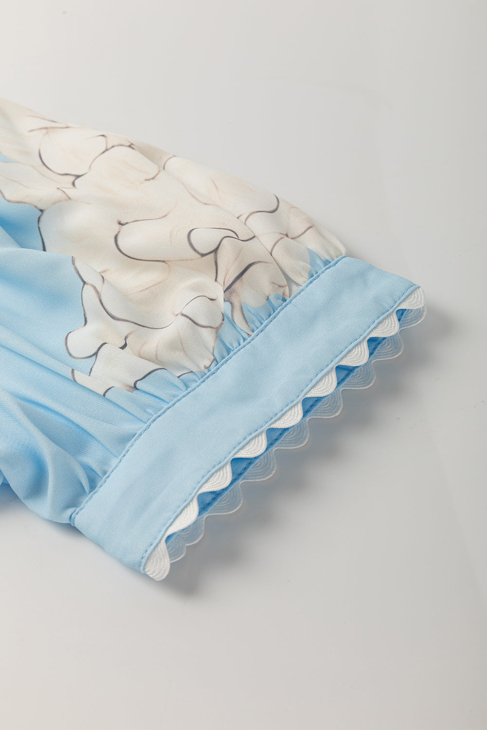 Sky Blue Floral Ric Rac Edge Puff Sleeve Button Up Summer Shirt