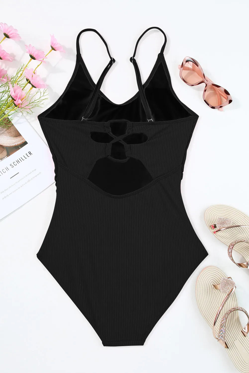 Black Ribbed Textured Scoop Neck One Piece Swimsuit - Chic Meadow Boutique 