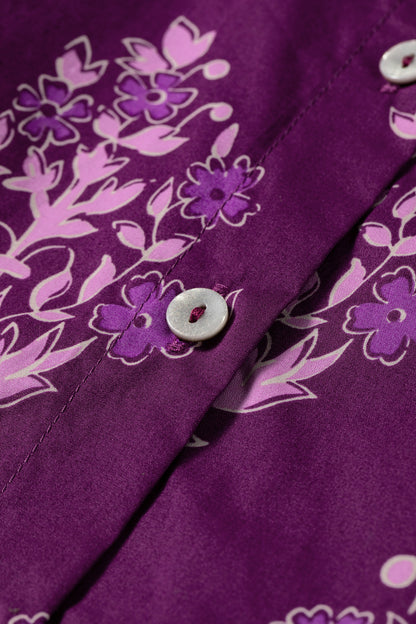 Purple Floral Print Button Front Long Puff Sleeve Shirt