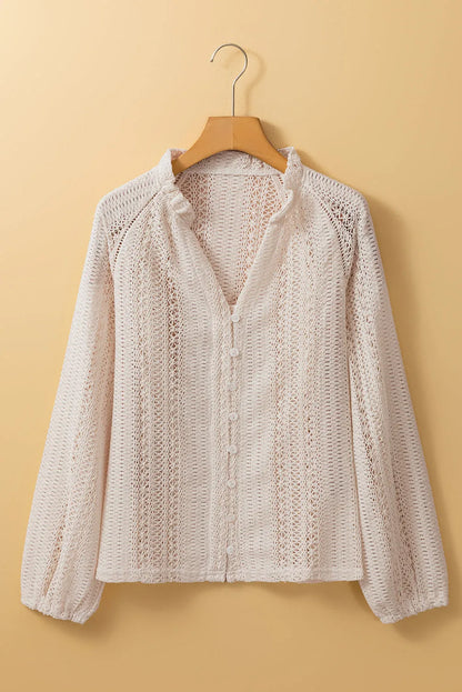 White Lace Hollow out Puff Sleeve Button up Shirt - Chic Meadow Boutique 