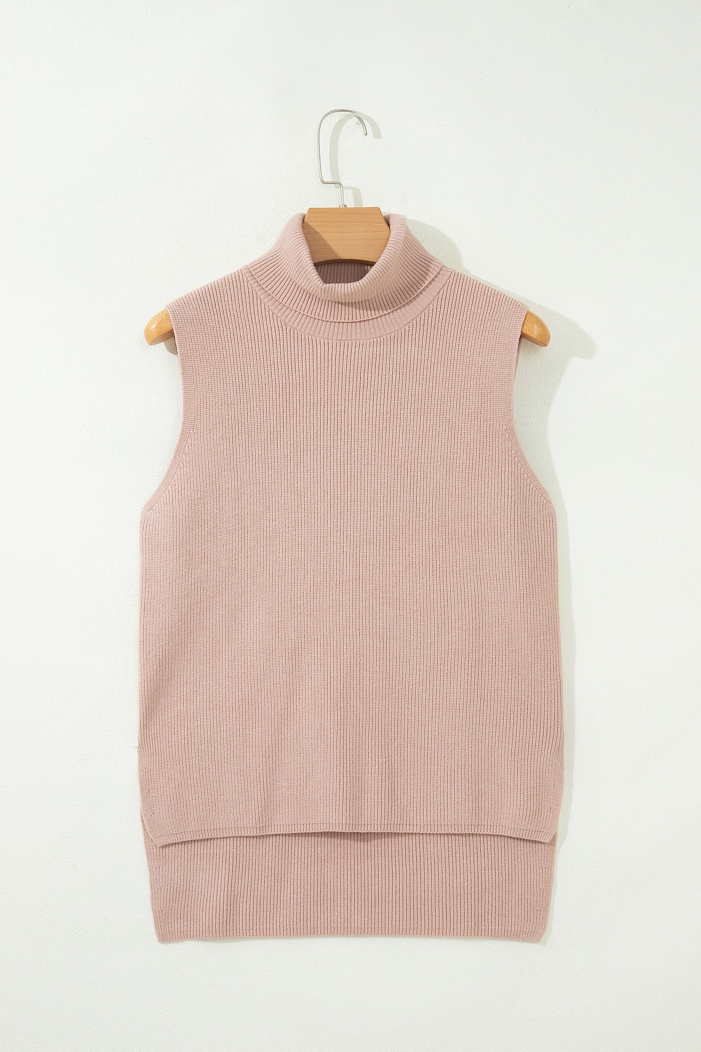 Light French Beige Sleeveless High Neck Knit Split Hem Shift Silhouette Wool Sweater Vest