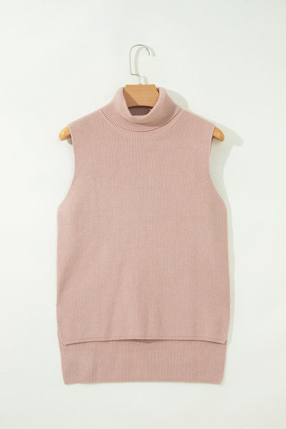 Light French Beige Sleeveless High Neck Knit Split Hem Shift Silhouette Wool Sweater Vest