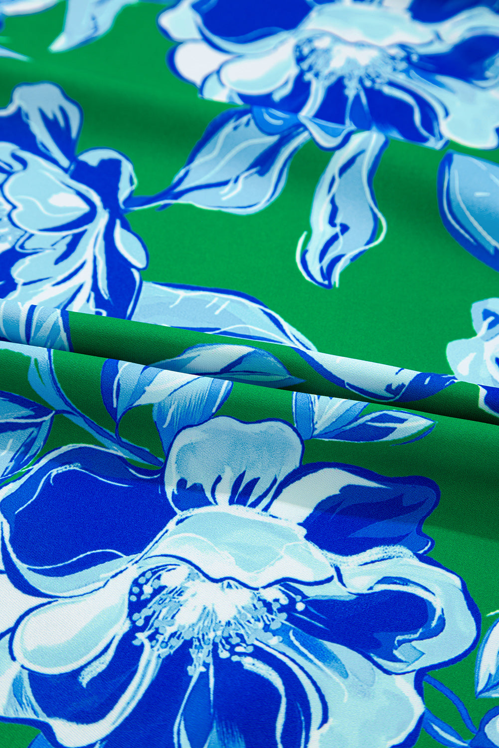 Green Floral Print Lace Trim Contrast Ruffle Sleeve Pleated Loose Blouse