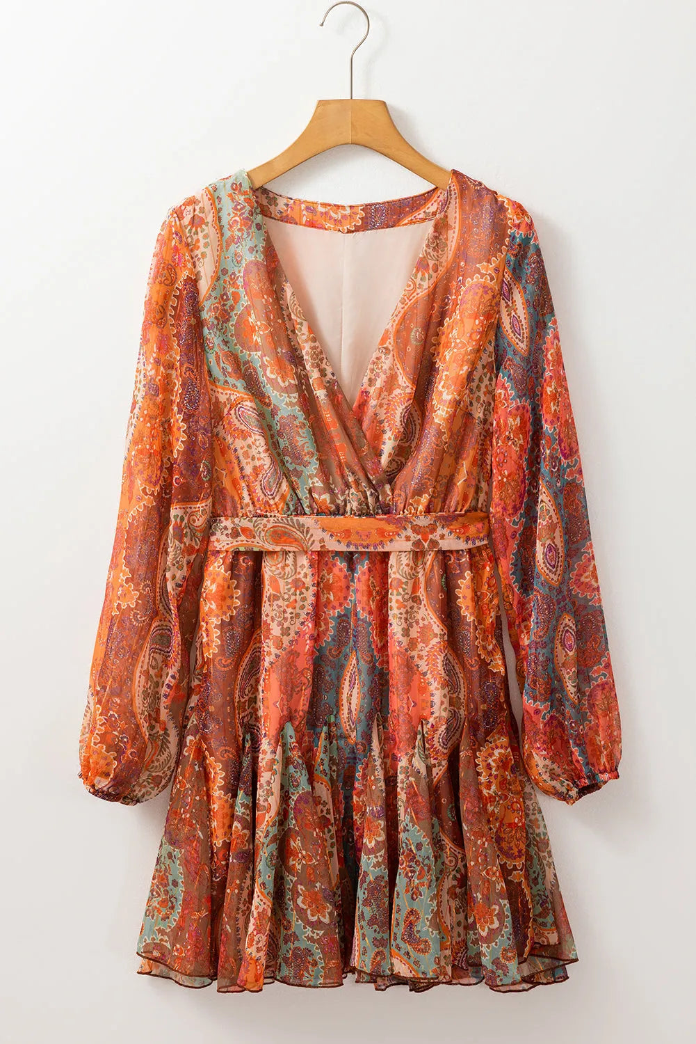 Orange Boho Paisley Print Long Sleeve Pleated Belted Mini Dress - Chic Meadow Boutique 