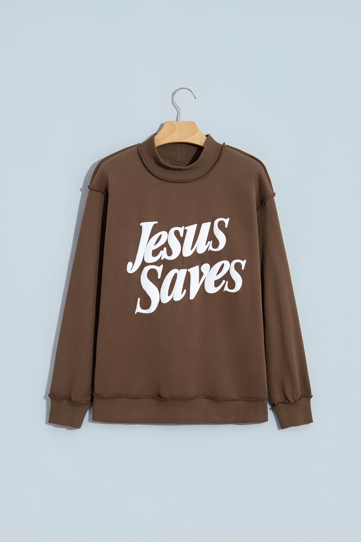 Dark Brown Jesus Saves Slogan Print Stand Neck Baggy Sweatshirt