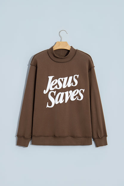Dark Brown Jesus Saves Slogan Print Stand Neck Baggy Sweatshirt