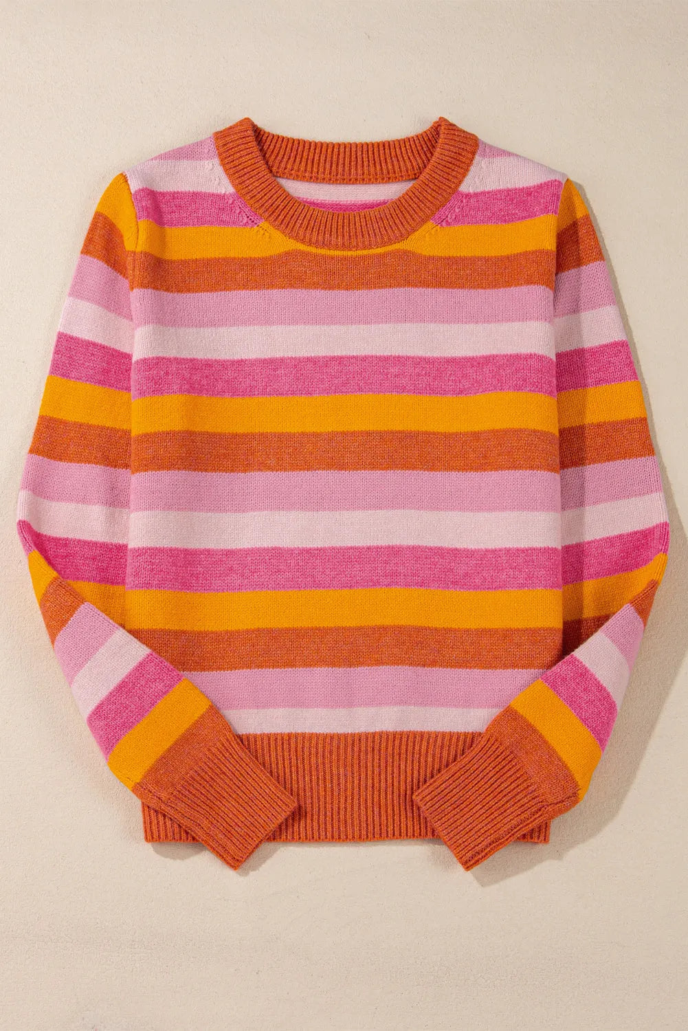 Orange Color Block Ribbed Edge Round Neck Sweater - Chic Meadow Boutique 