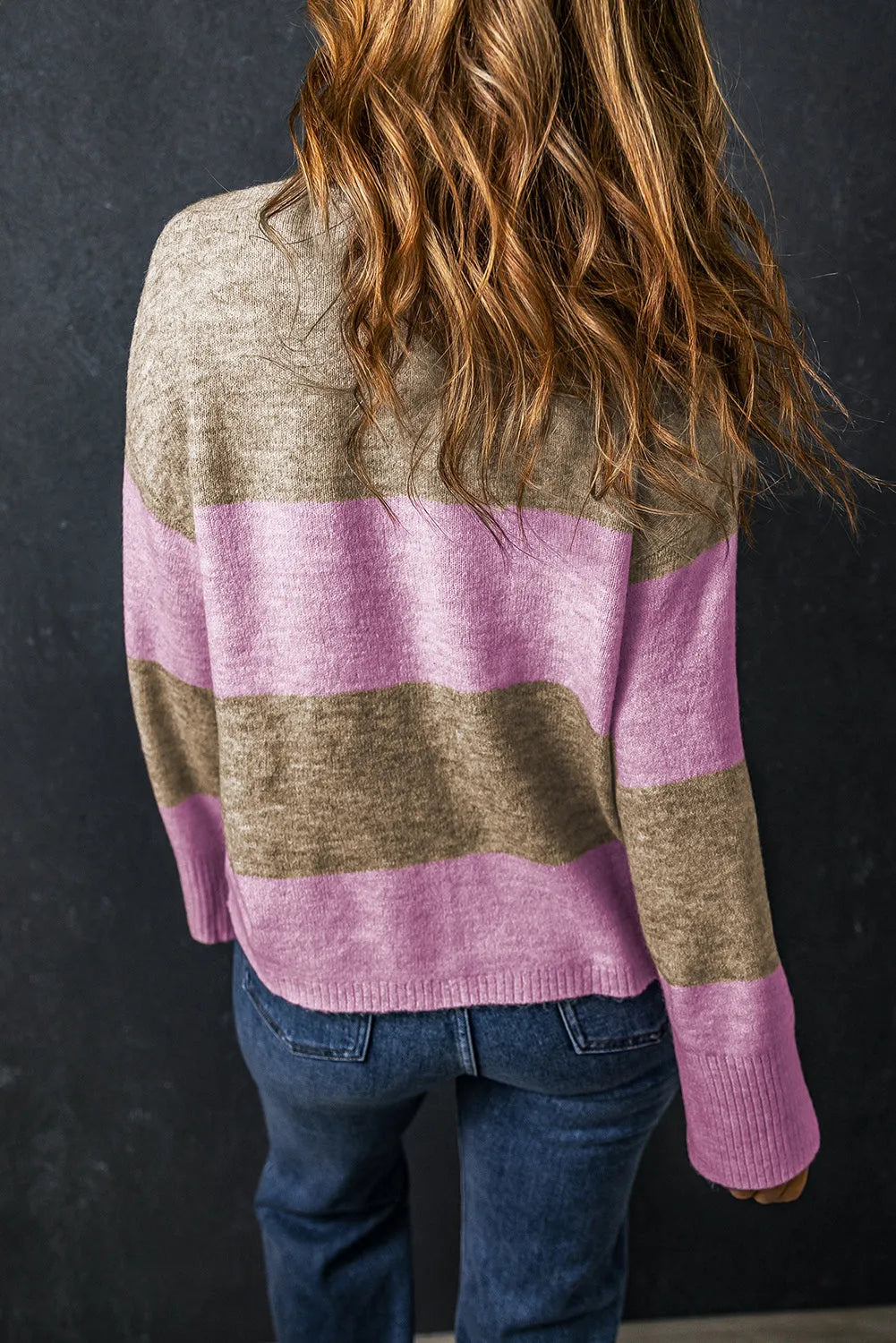 Rose Stripe Crew Neck Wide Sleeve Colorblock Sweater - Chic Meadow Boutique 