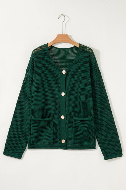 Blackish Green Plus Size Golden Accent Buttons Short Sweater Cardigan