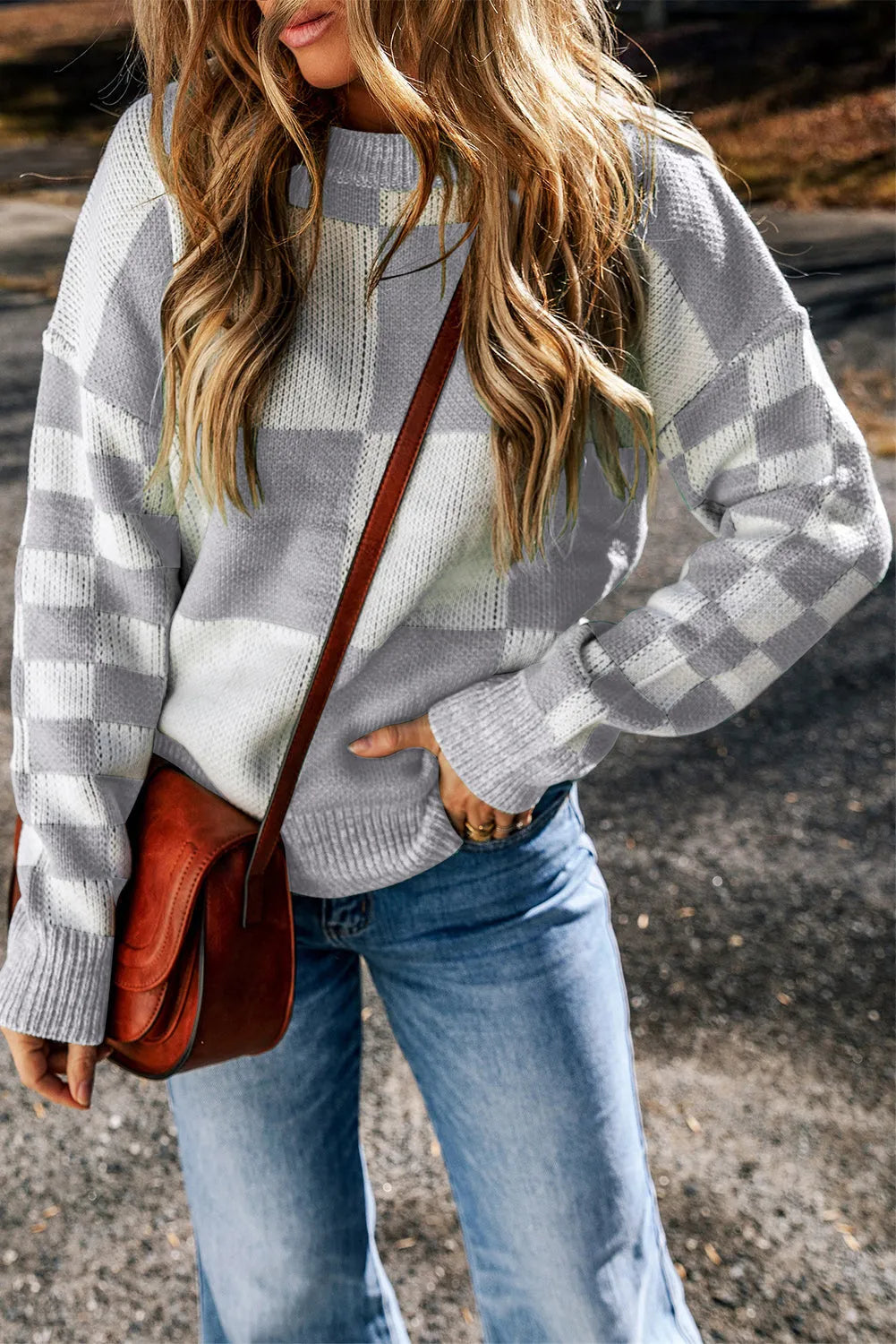 Medium Grey Checkered Print Drop Shoulder Sweater - Chic Meadow Boutique 