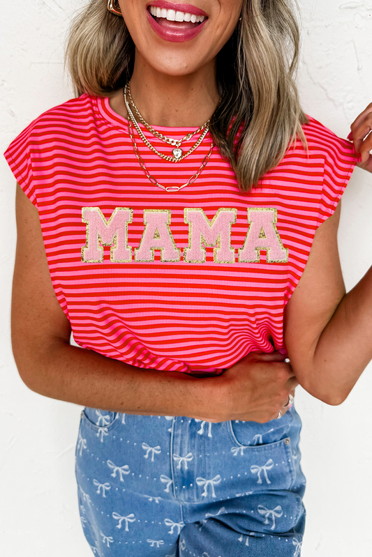 Red Stripe MAMA Graphic Cap Sleeve T Shirt