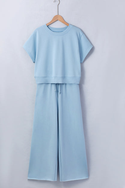Mist Blue Solid Color Loose Tee Drawstring Wide Leg Pants 2pcs Outfit