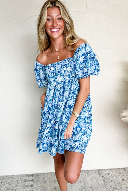 Blue Floral Puff Sleeve Babydoll Mini Dress