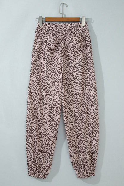 Khaki Leopard Print Elastic Waist Ankle Length Pants
