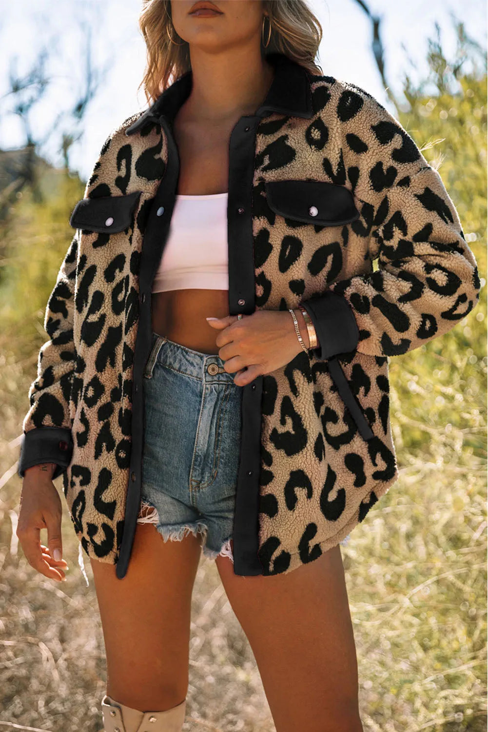 Black Contrast Trimmed Leopard Teddy Shacket - Chic Meadow Boutique 