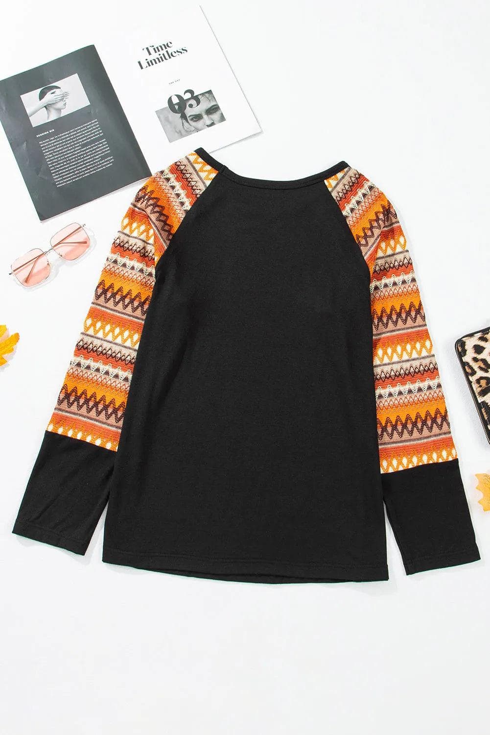 Tops/Long Sleeve Tops Orange Geo Print Raglan Patchwork Long Sleeve Tee