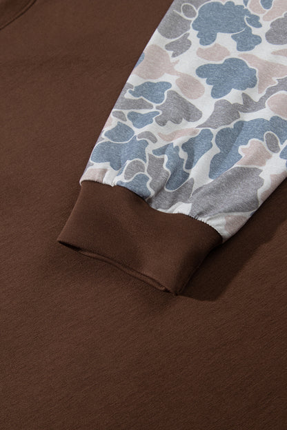 Coffee Mock Neck Camo Patchwork Drop Shoulder Plus Size Sweatshirt