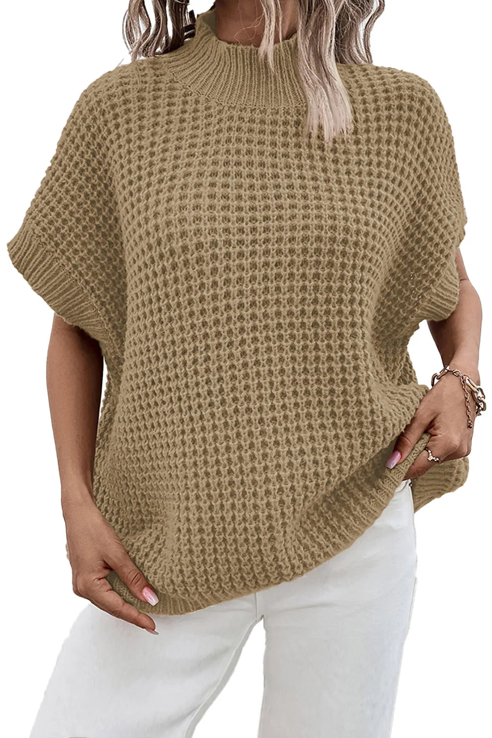 Light French Beige High Neck Short Batwing Sleeve Textured Knit Sweater - Chic Meadow Boutique 