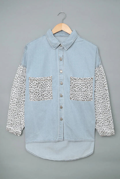 Sky Blue Contrast Leopard Denim Jacket - Chic Meadow Boutique 