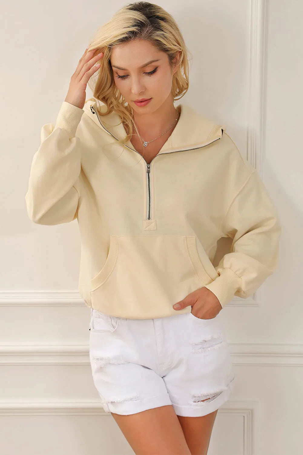 Beige Ribbed Trim Kangaroo Pocket Zipped Hoodie - Chic Meadow Boutique 