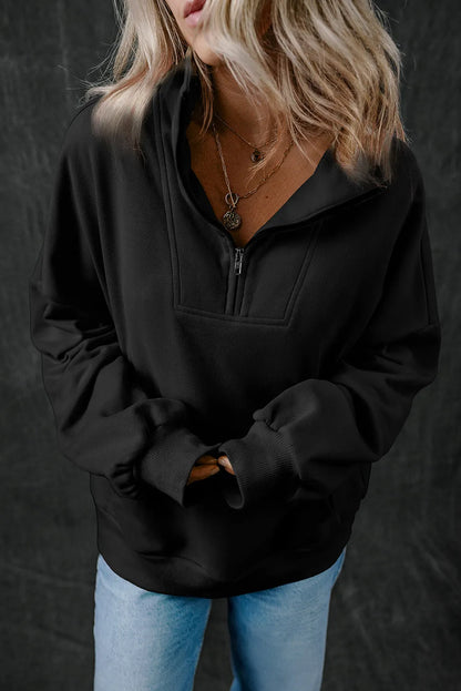 Black Zip-up Stand Neck Kangaroo Pocket Sweatshirt - Chic Meadow Boutique 