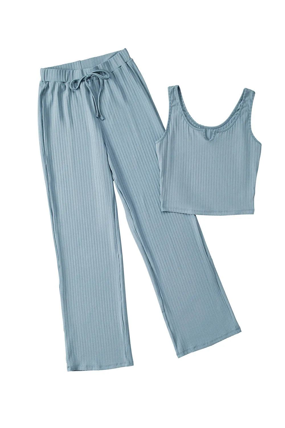 Blue Ribbed Crop Tank Drawstring Lounge Pants Set - Chic Meadow Boutique 