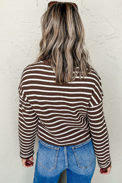 Brown Stripe Ribbed Cropped Crew Neck Long Sleeve T Shirt
