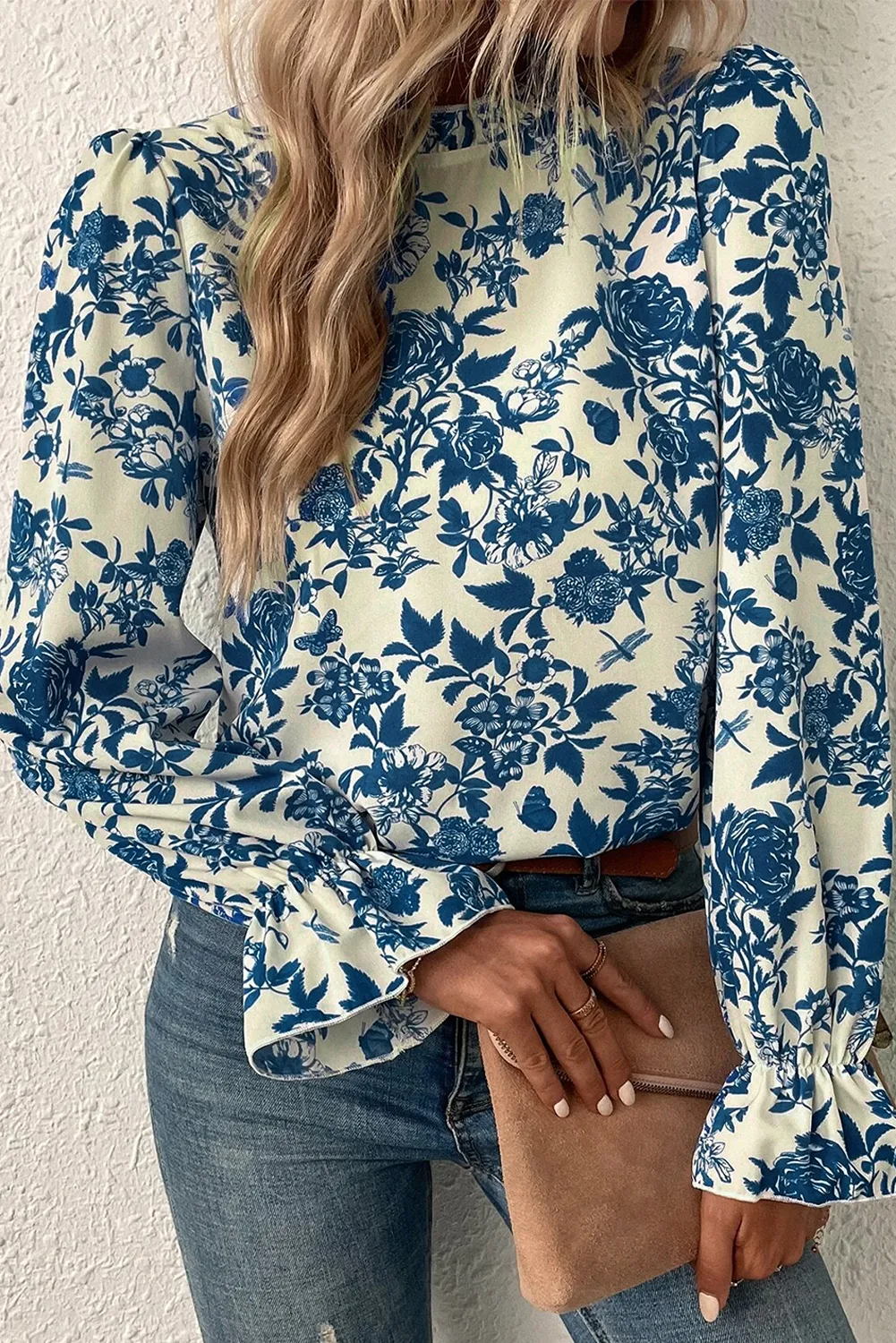 Sky Blue Floral Print Flounce Sleeve Keyhole Back Blouse - Chic Meadow Boutique 