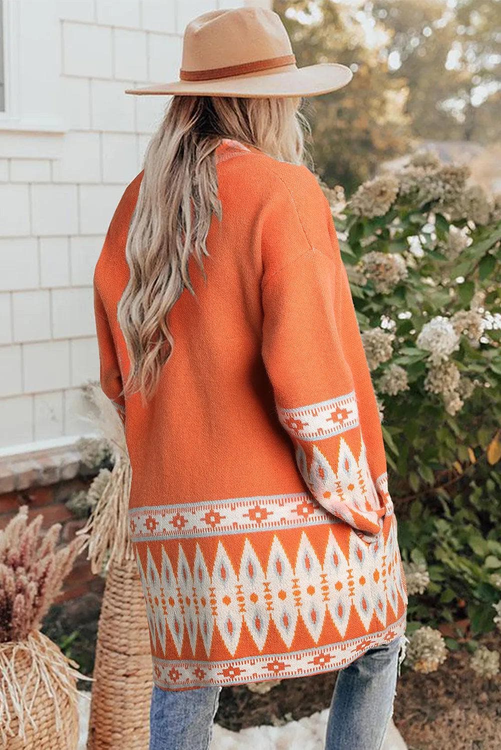 Tops/Sweaters & Cardigans Orange Printed Aztec Print Open Front Knitted Cardigan