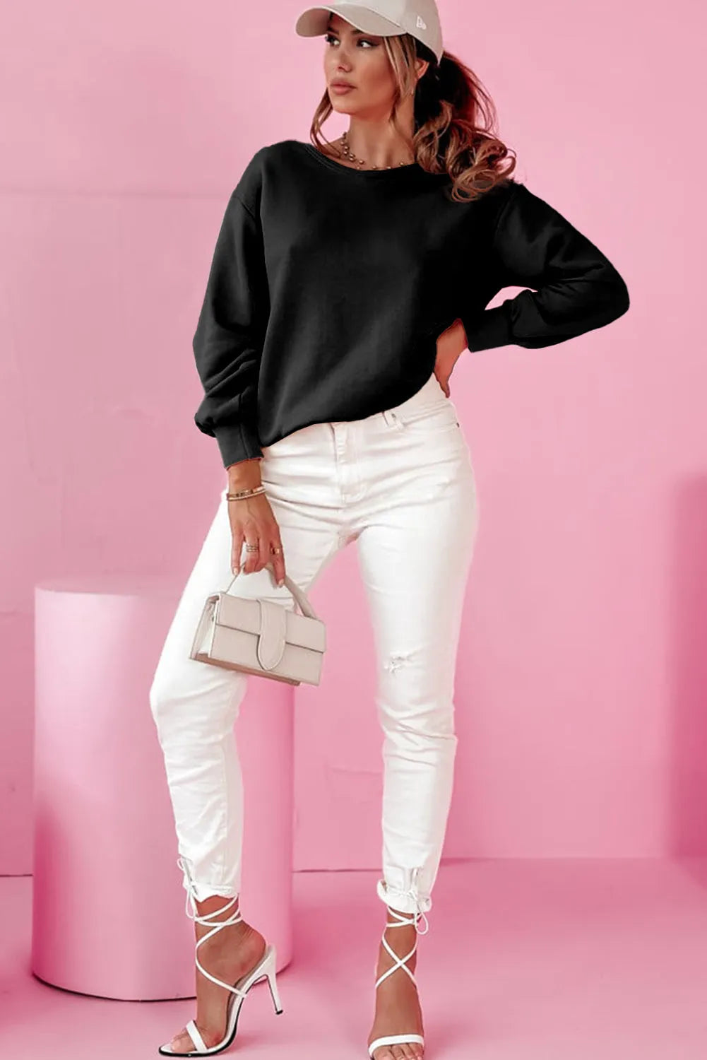 Black Bowknot Dewback Round Neck Sweatshirt - Chic Meadow Boutique 