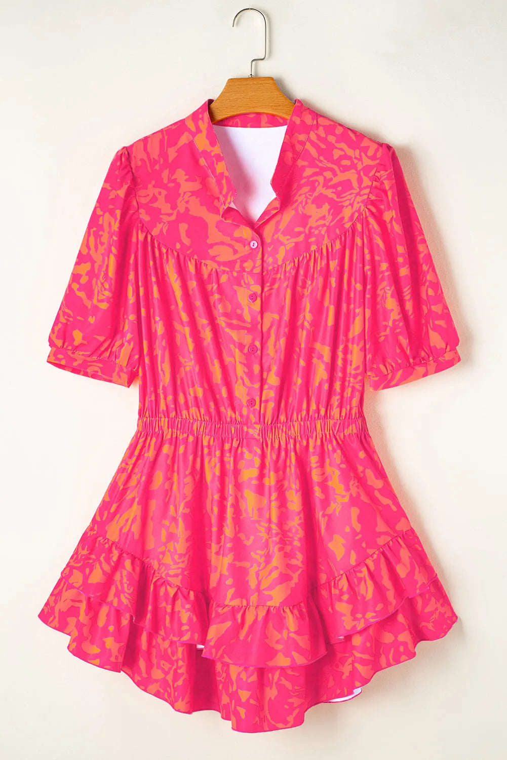 Rose Abstract Print Puff Short Sleeve Ruffled Mini Dress - Chic Meadow Boutique 